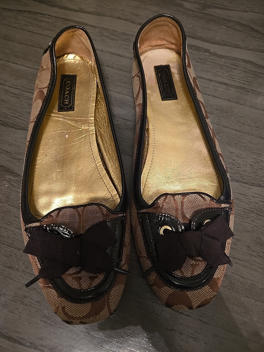 Coach Brown Signature Canvas Bow Loafers with Gold Insole